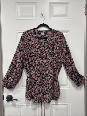 Terra & Sky Flowered Tie Back Tunic Blouse